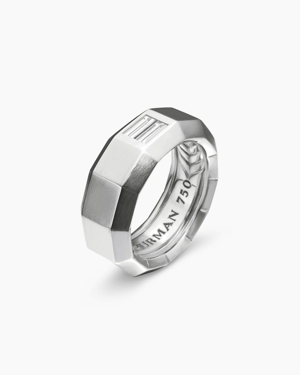 Mens Faceted Band Ring in 18K White Gold with Diamond, 8mm