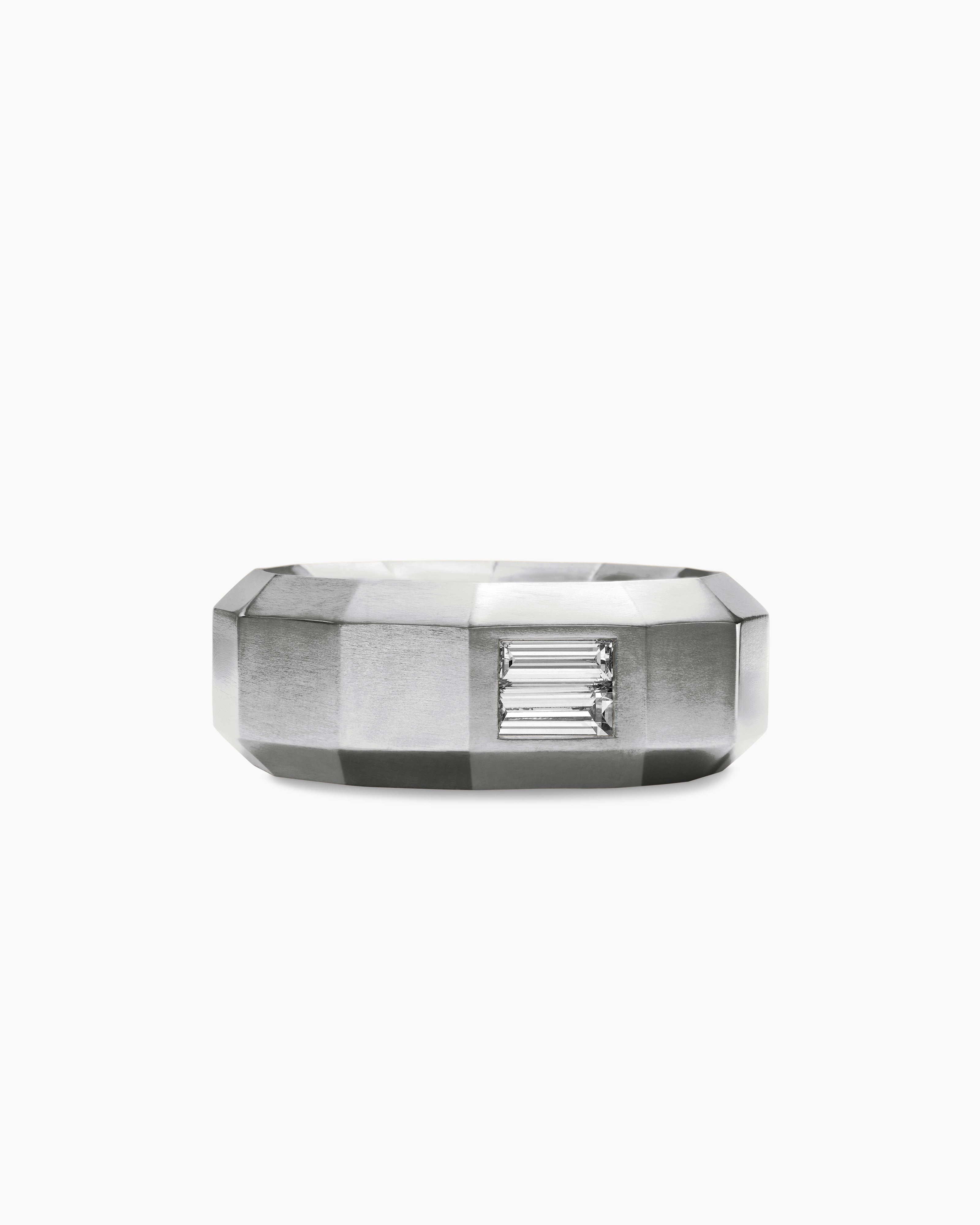 Mens Faceted Band Ring in 18K White Gold with Diamond, 8mm