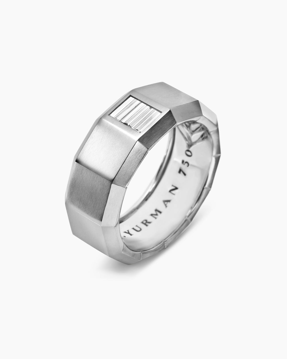 Mens Faceted Band Ring in 18K White Gold with Center Diamond, 10mm
