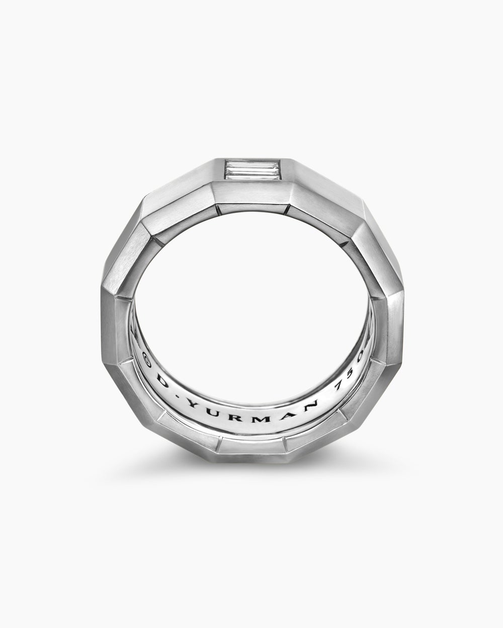 Mens Faceted Band Ring in 18K White Gold with Center Diamond, 10mm