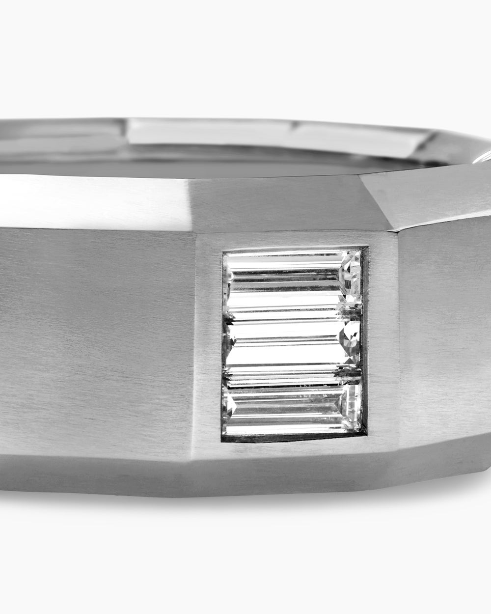 Mens Faceted Band Ring in 18K White Gold with Center Diamond, 10mm