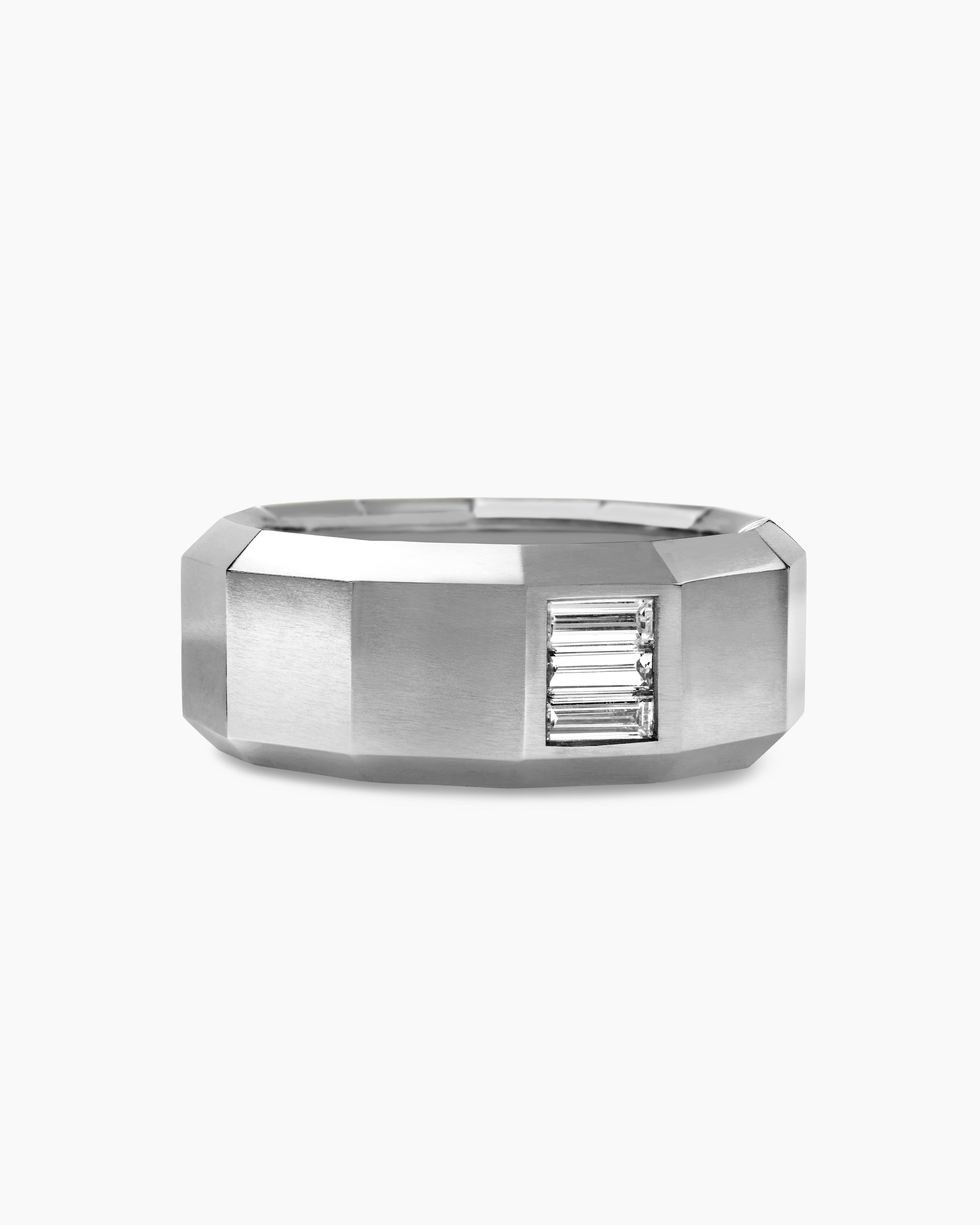 Mens Faceted Band Ring in 18K White Gold with Center Diamond, 10mm