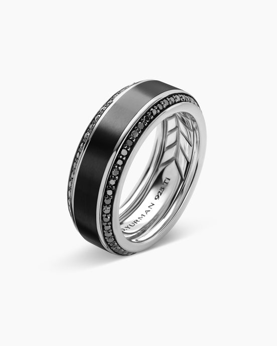 Anneau Beveled en titane noir avec diamants noirs, 8 mm