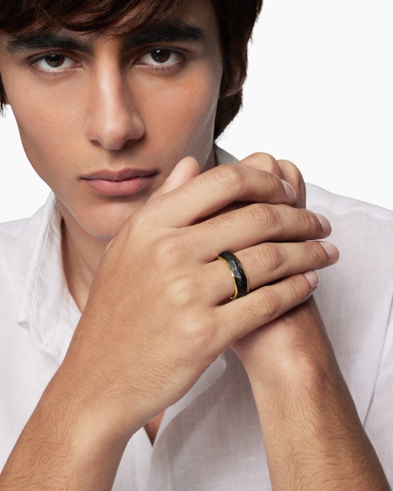 Torqued Faceted Band Ring in Forged Carbon with 18ct Yellow Gold, 8mm