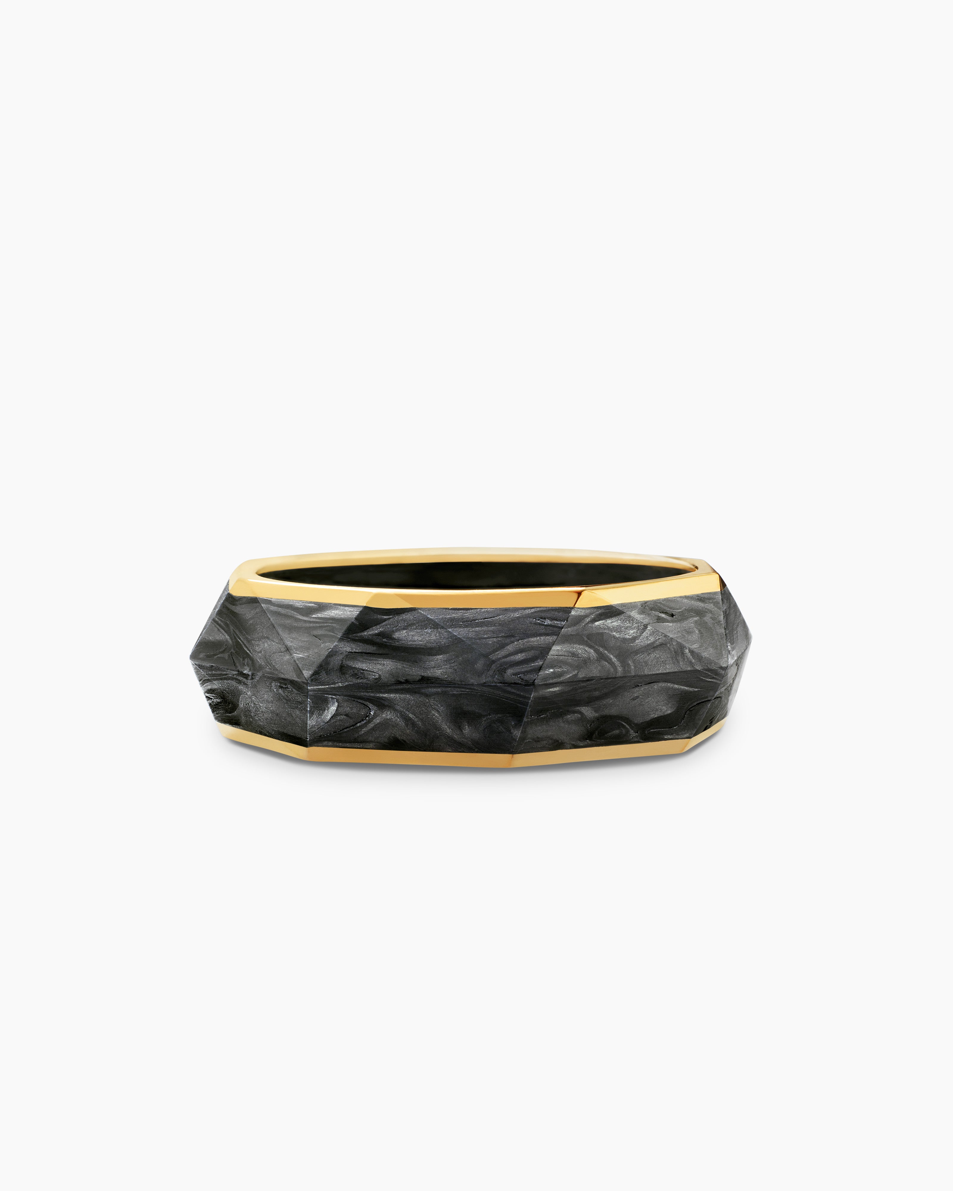 Mens Torqued Faceted Forged Carbon Band Ring with 18K Yellow Gold, 8mm