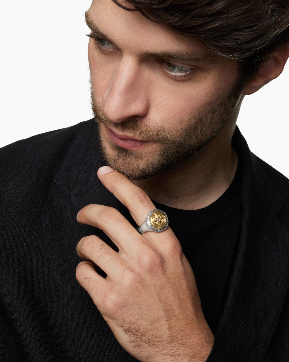 Bague chevalière avec boussole Maritime en argent sterling avec or jaune 18 carats, 19,4 mm pour hommes
