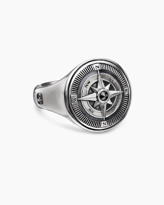Bague chevalière avec boussole Maritime® en argent sterling avec diamant noir central, 19,4 mm