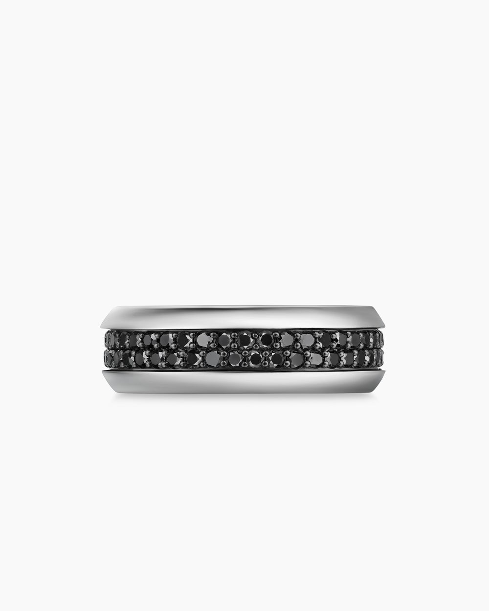 Mens Beveled Two Row Band Ring in 18K White Gold with Black Diamonds, 8mm