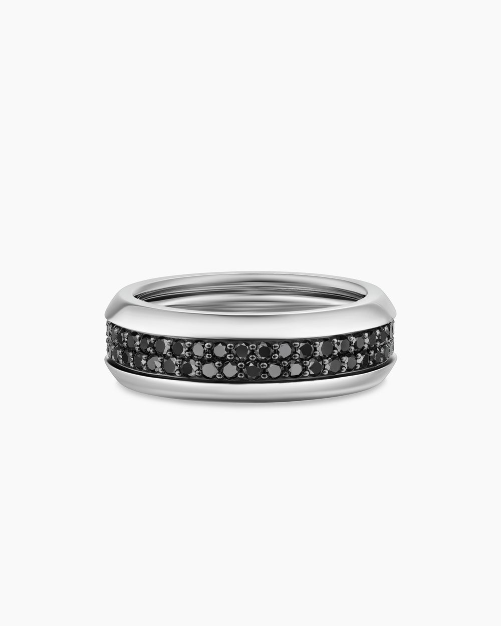 Mens Beveled Two Row Band Ring in 18K White Gold with Black Diamonds, 8mm