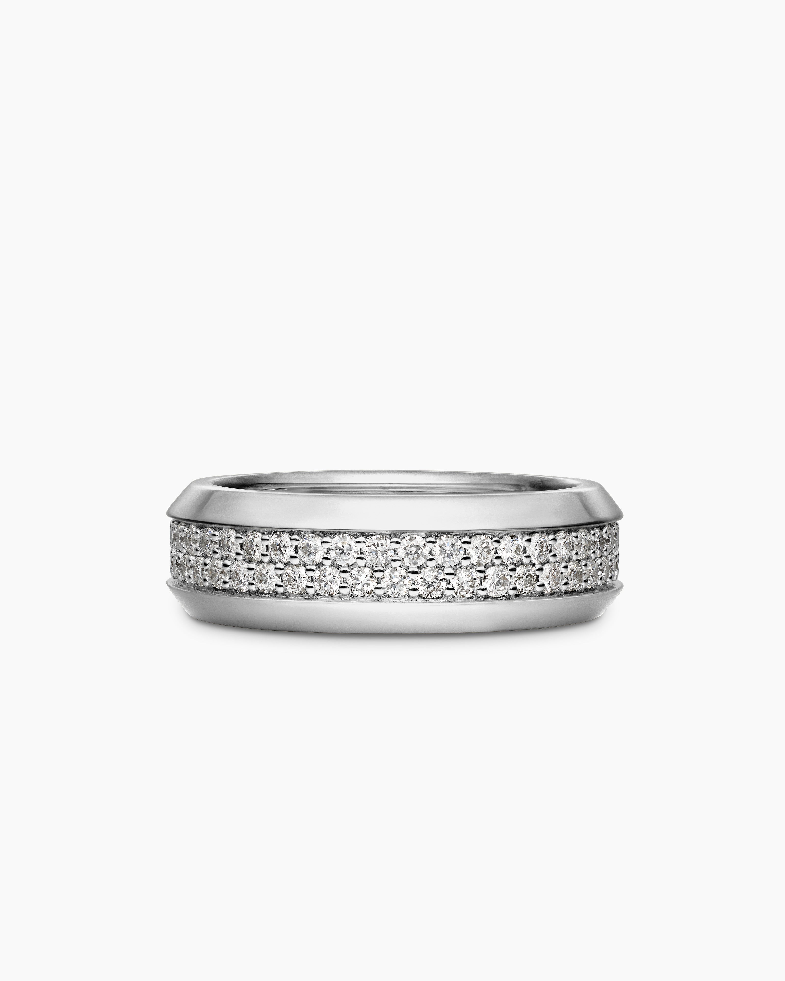 Mens Bevelled Two Row Band Ring in 18K White Gold with Diamonds, 8mm