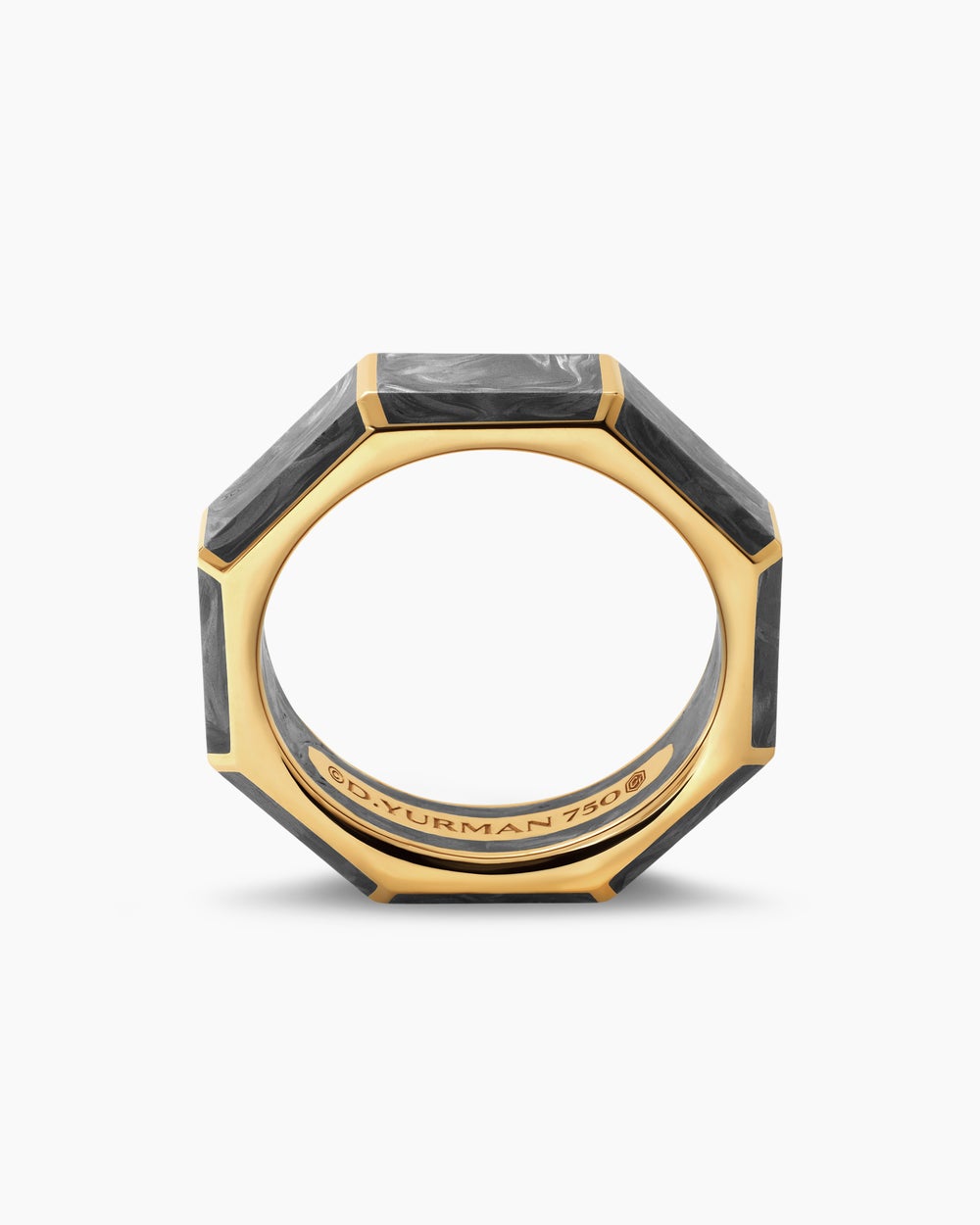Mens Forged Carbon Faceted Band Ring in 18K Yellow Gold, 6mm