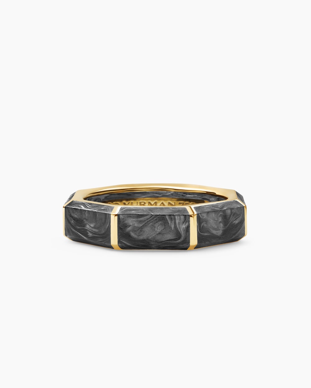 Mens Forged Carbon Faceted Band Ring in 18K Yellow Gold, 6mm