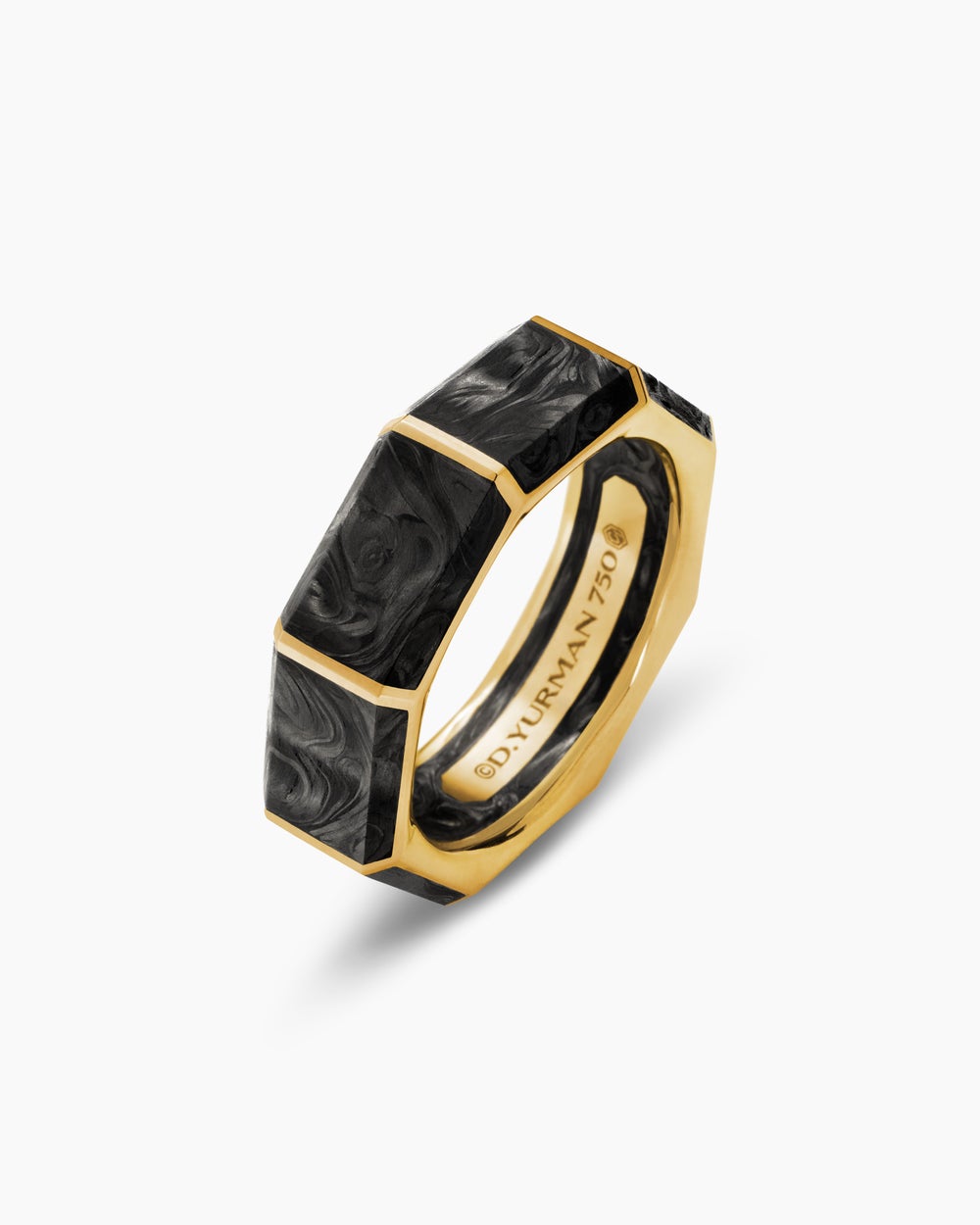 Mens Forged Carbon Faceted Band Ring in 18ct Yellow Gold, 8mm