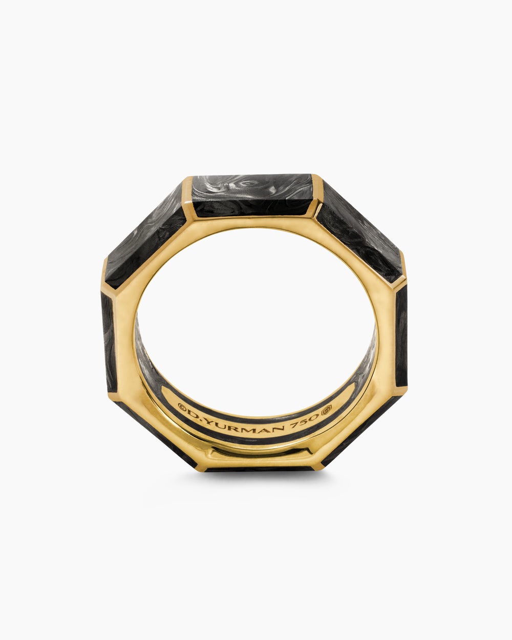 Mens Forged Carbon Faceted Band Ring in 18ct Yellow Gold, 8mm