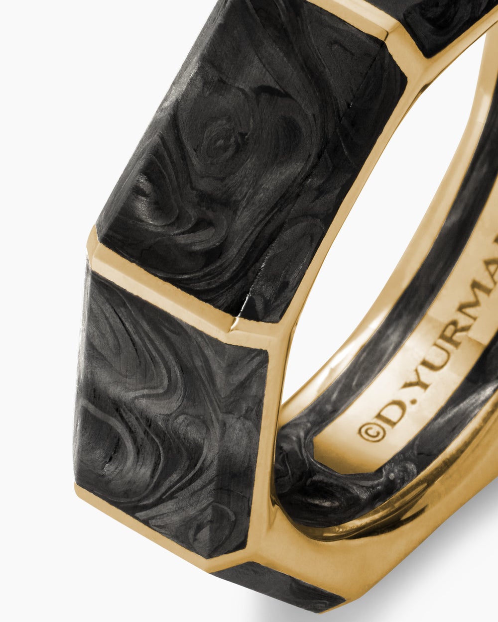 Mens Forged Carbon Faceted Band Ring in 18ct Yellow Gold, 8mm
