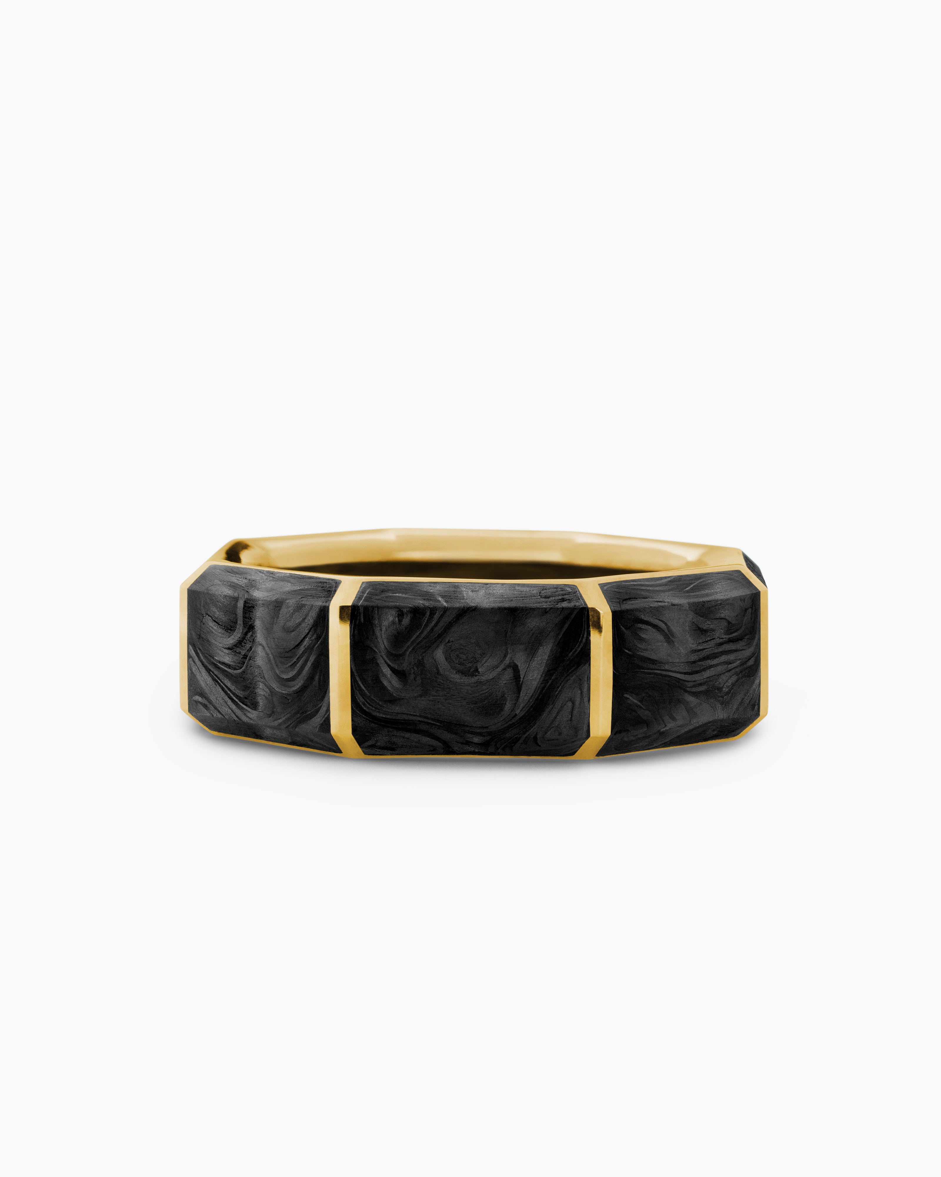 Mens Forged Carbon Faceted Band Ring in 18ct Yellow Gold, 8mm