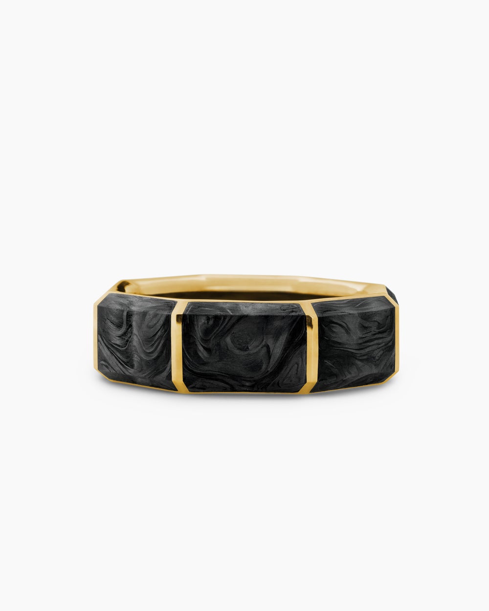 Mens Forged Carbon Faceted Band Ring in 18ct Yellow Gold, 8mm