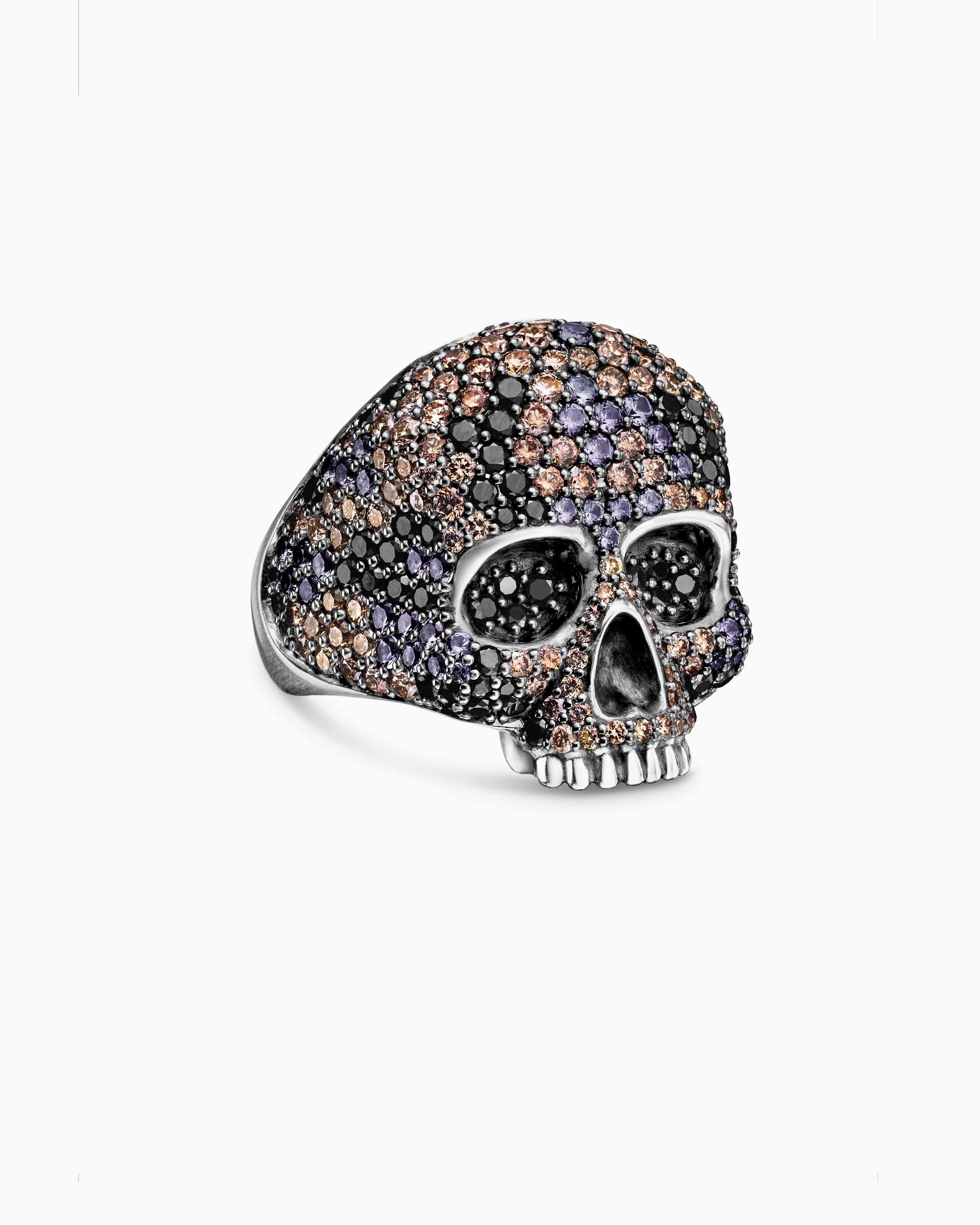 Mens Memento Mori Skull Ring in Sterling Silver with Black Diamonds and Cognac Diamonds, 26mm