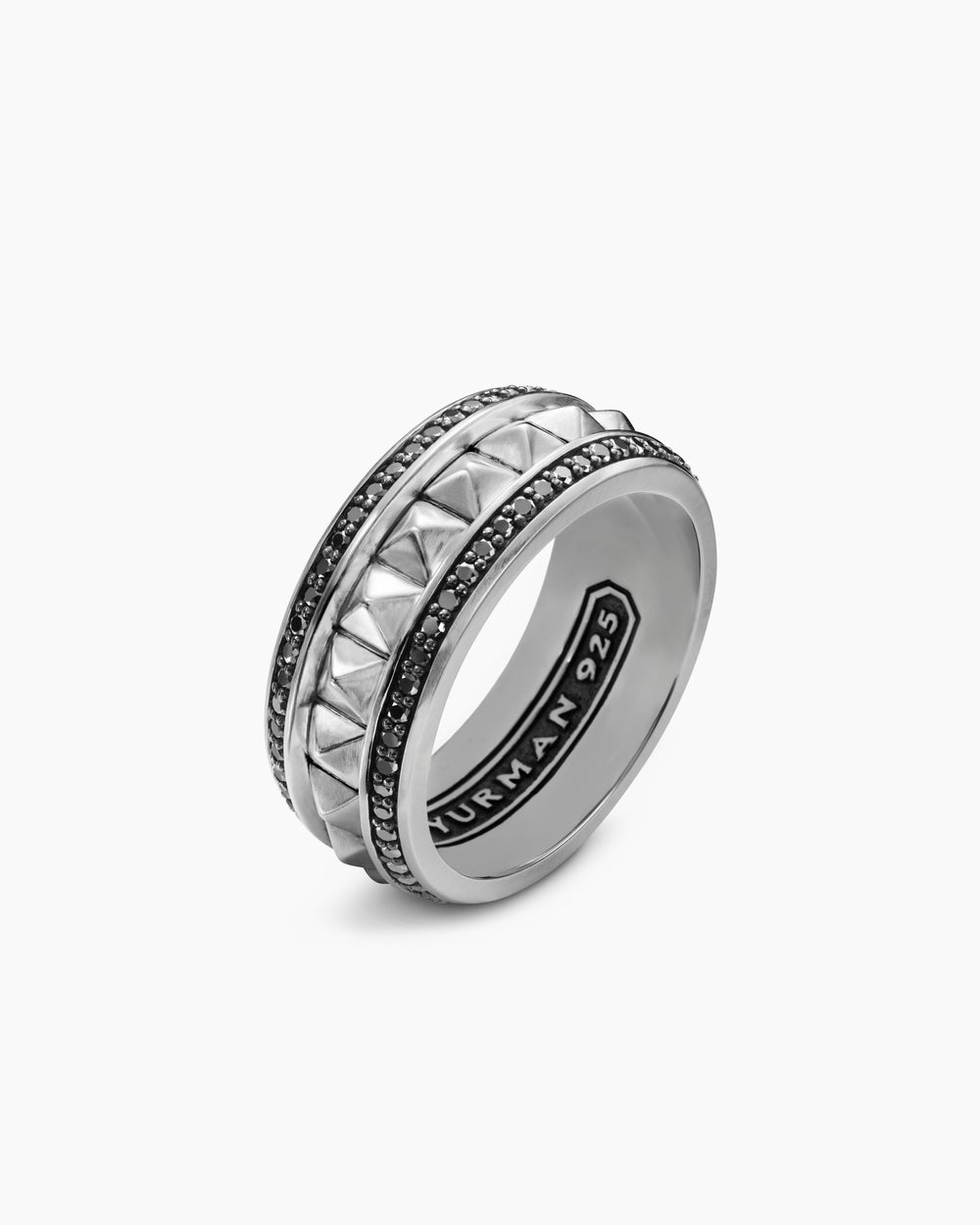 Mens Pyramid Band Ring in Sterling Silver with Black Diamonds, 8mm
