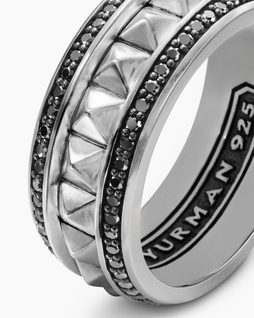Mens Pyramid Band Ring in Sterling Silver with Black Diamonds, 8mm