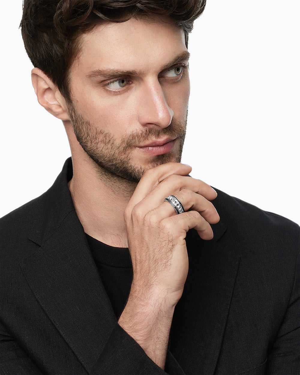 Mens Pyramid Band Ring in Sterling Silver with Black Diamonds, 8mm
