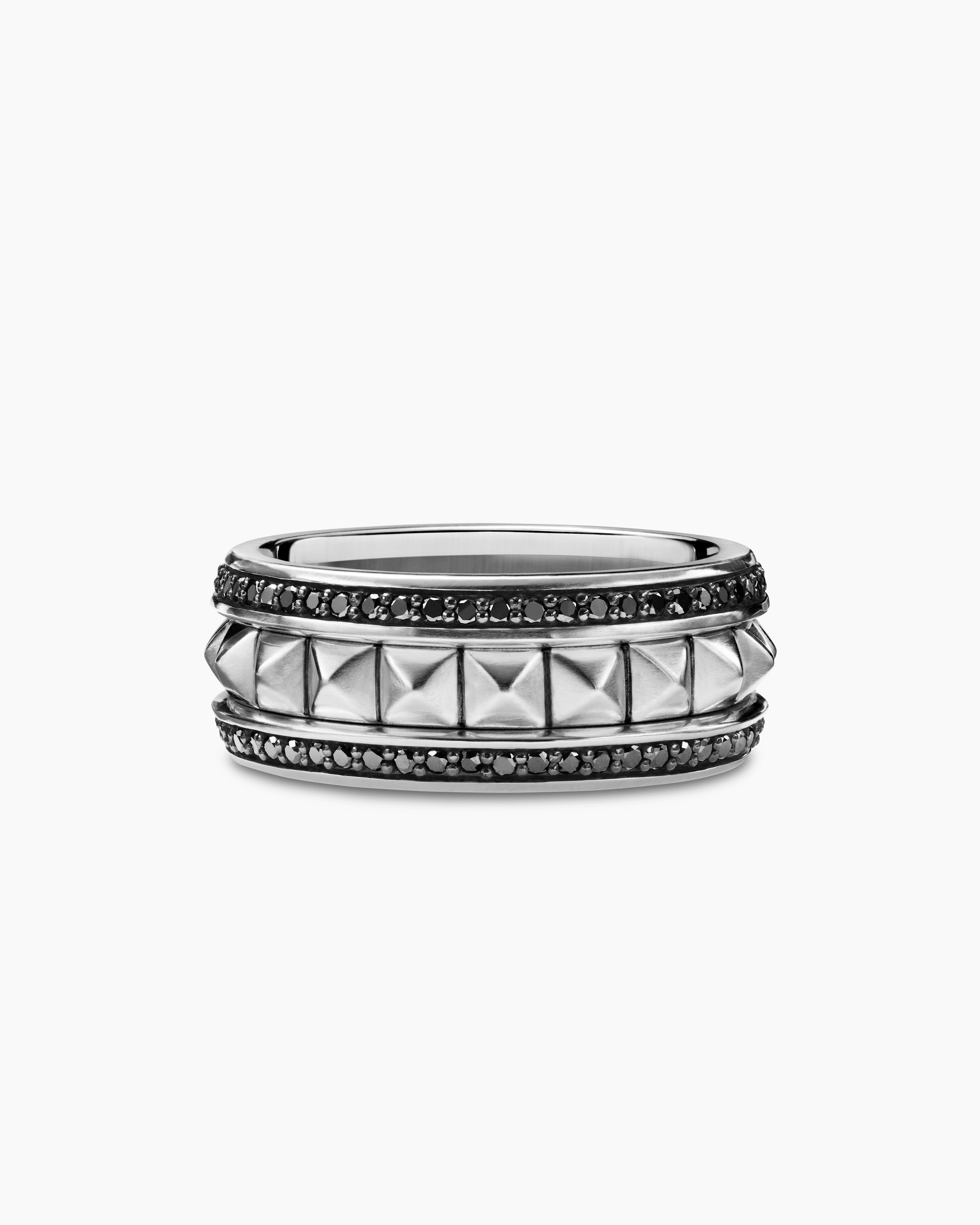 Mens Pyramid Band Ring in Sterling Silver with Black Diamonds, 8mm