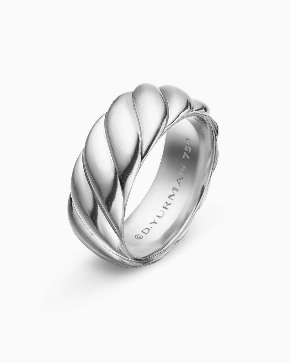 Mens Sculpted Cable Band Ring in 18K White Gold, 9mm