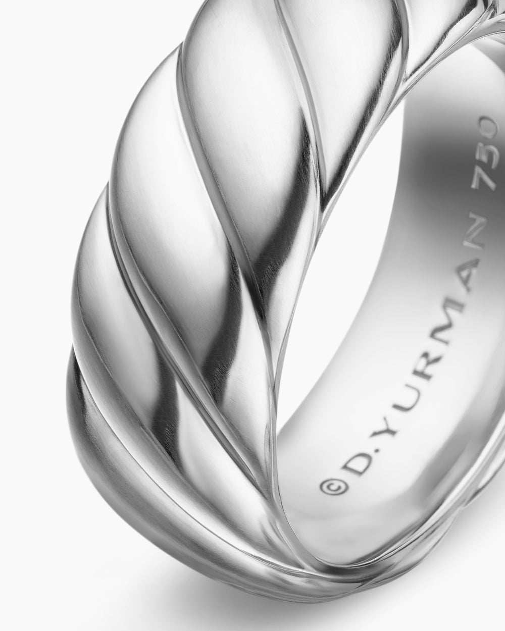 Mens Sculpted Cable Band Ring in 18K White Gold, 9mm