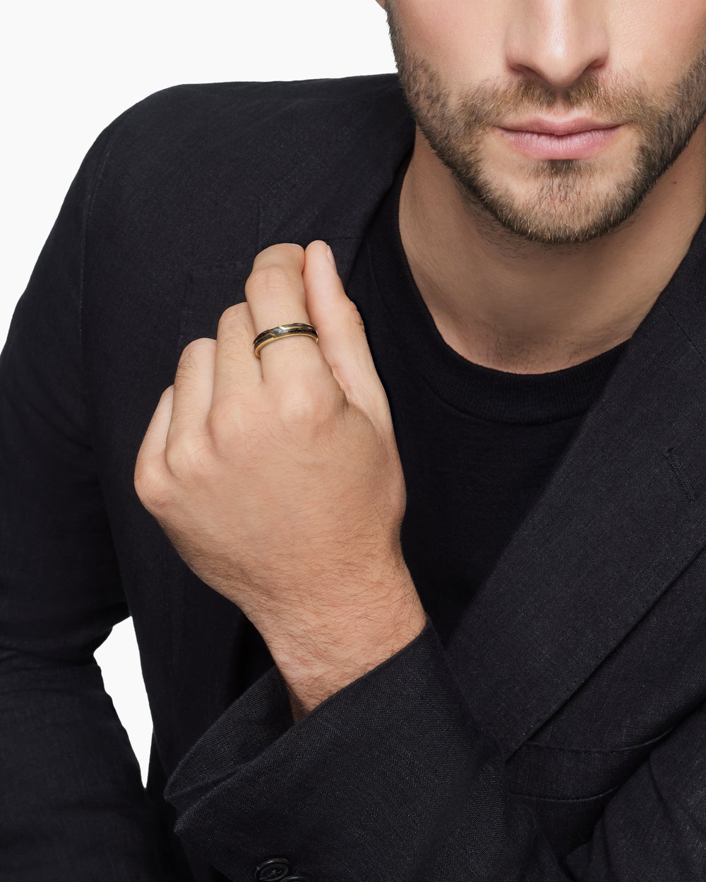 Mens Forged Carbon Band Ring in 18K Yellow Gold, 4mm