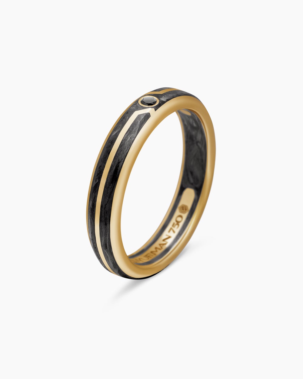 Mens Forged Carbon Band Ring in 18ct Yellow Gold with Centre Black Diamond, 4mm