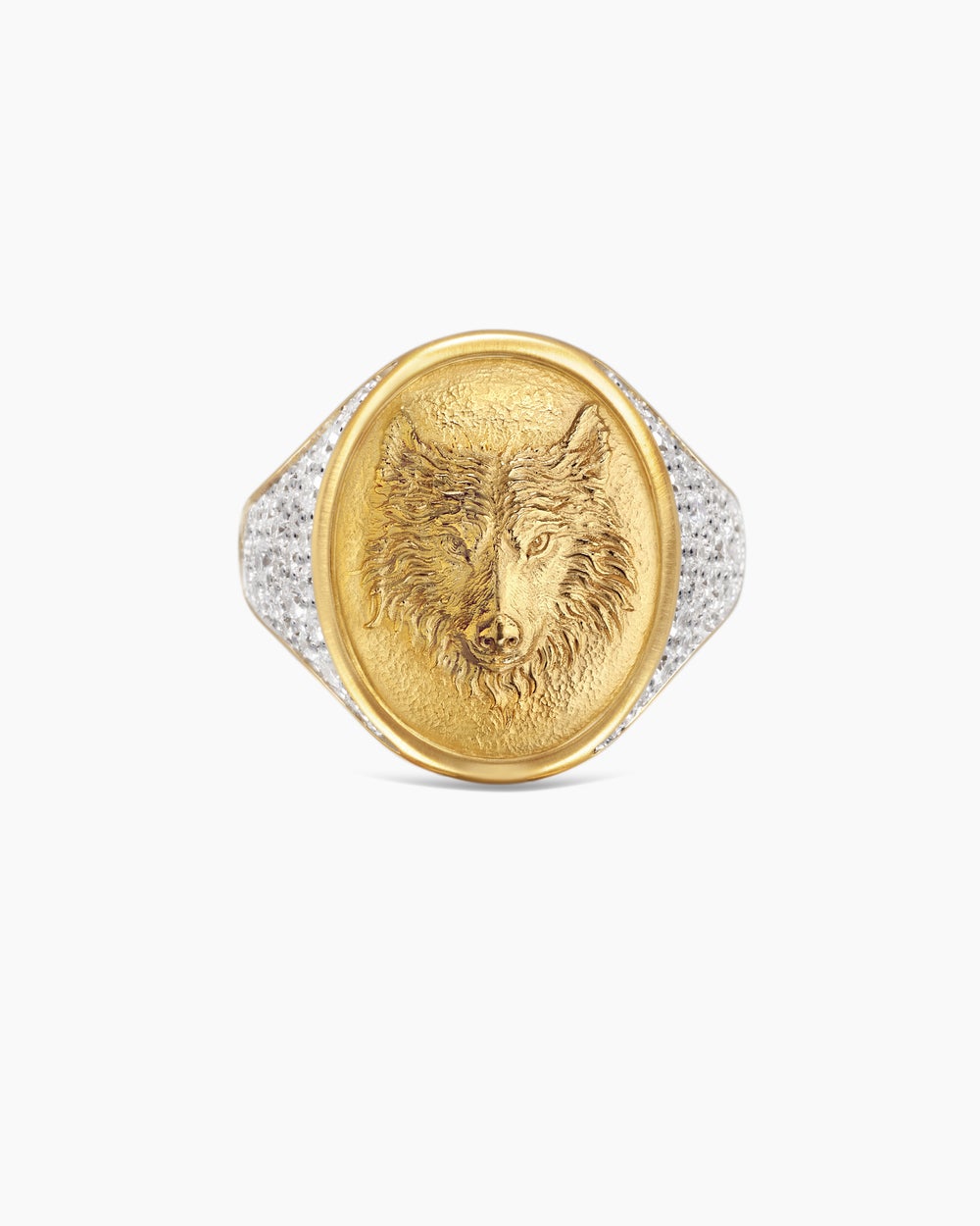 Mens Petrvs® Wolf Signet Ring in 18K Yellow Gold with Diamonds, 21.5mm