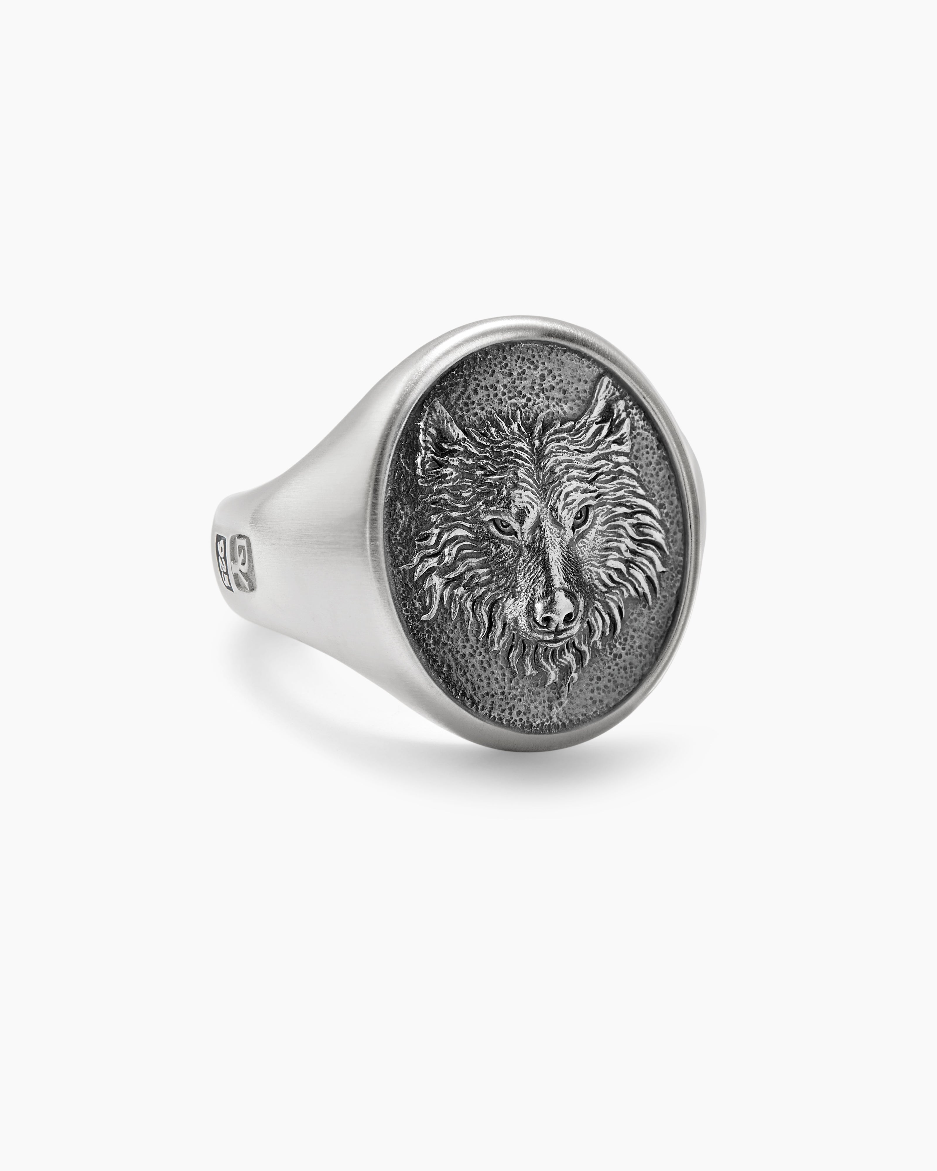 Mens Petrvs Wolf Signet Ring in Sterling Silver, 21.5mm
