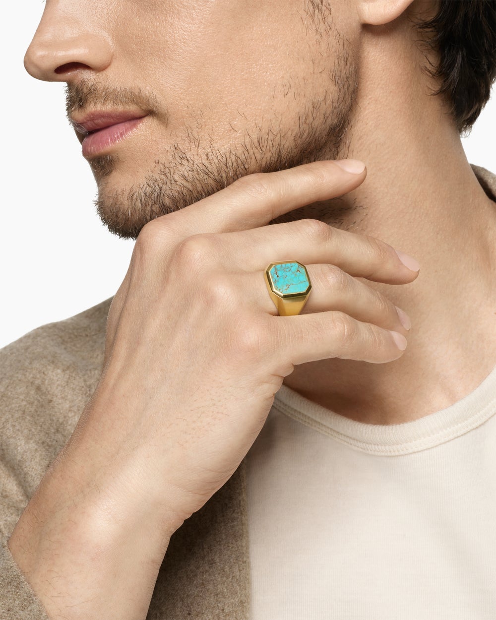 Mens Streamline® Signet Ring in 18K Yellow Gold with Turquoise, 18mm