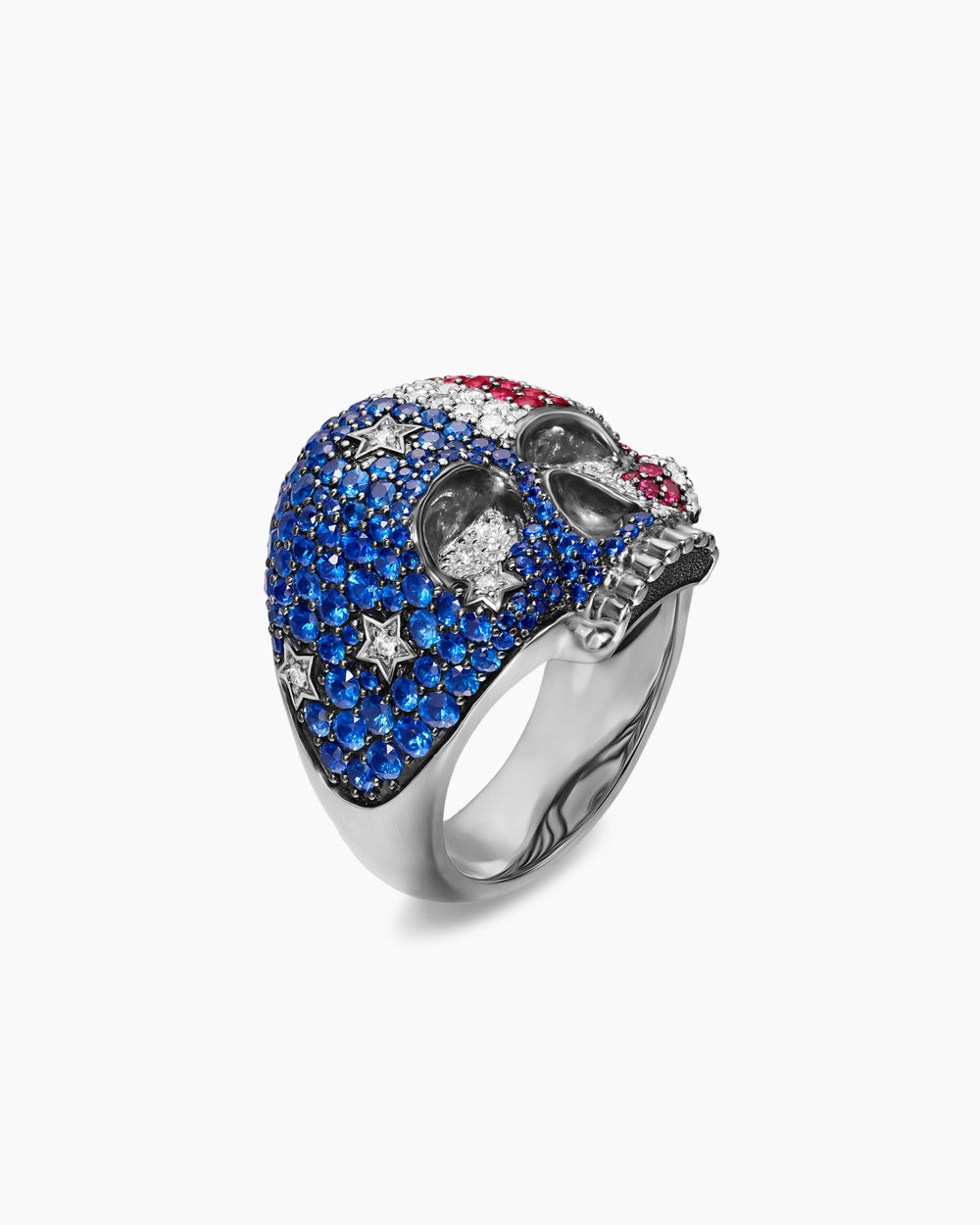 Mens American Flag Pavé Skull Ring in Sterling Silver, 25.3mm