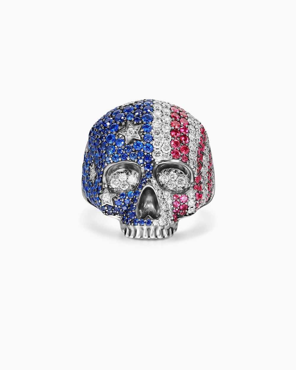 Mens American Flag Pavé Skull Ring in Sterling Silver, 25.3mm