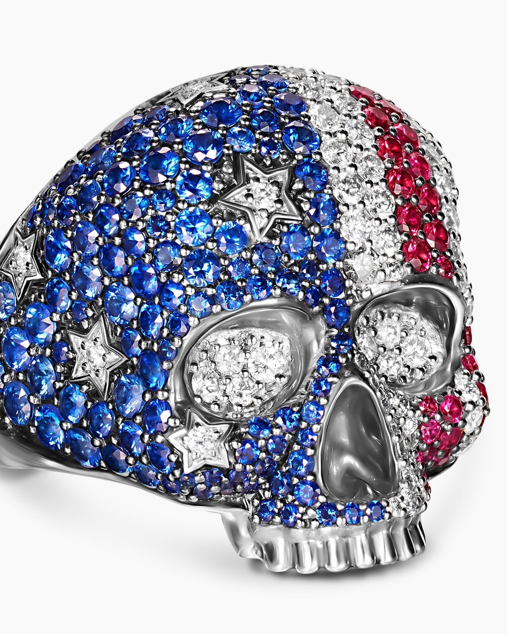 Mens American Flag Pavé Skull Ring in Sterling Silver, 25.3mm