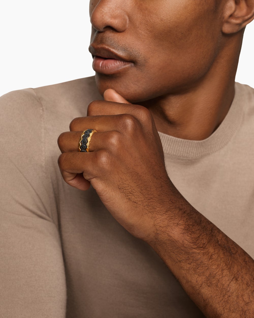 Mens Hex Stack Ring in Black Titanium with 18K Yellow Gold, 9.3mm