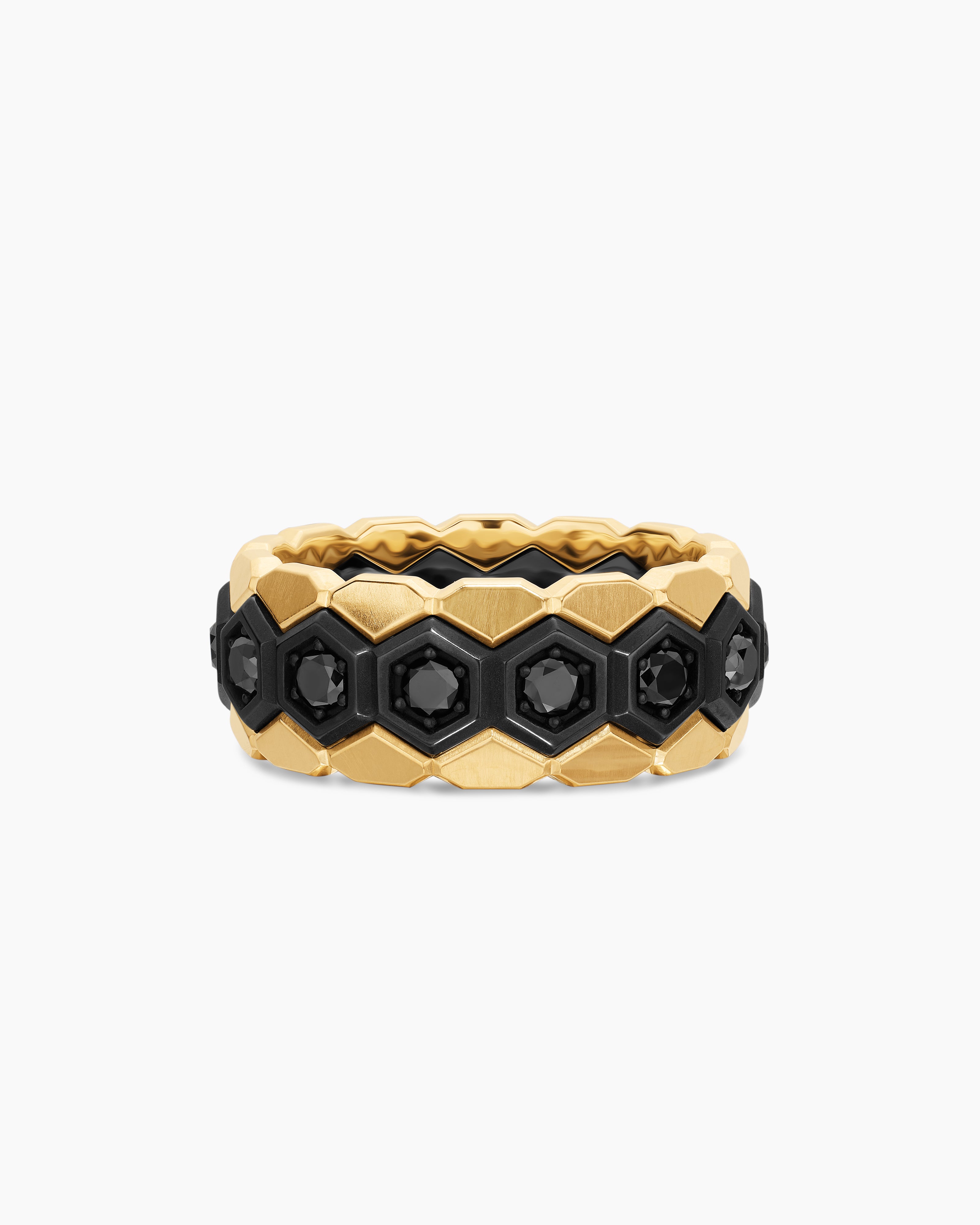Mens Hex Stack Ring in Black Titanium with 18K Yellow Gold, 9.3mm