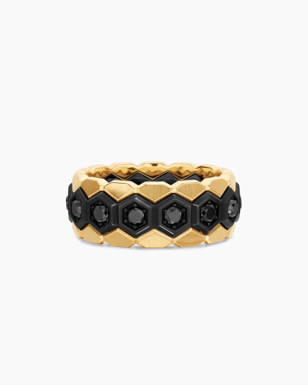 Mens Hex Stack Ring in Black Titanium with 18K Yellow Gold, 9.3mm
