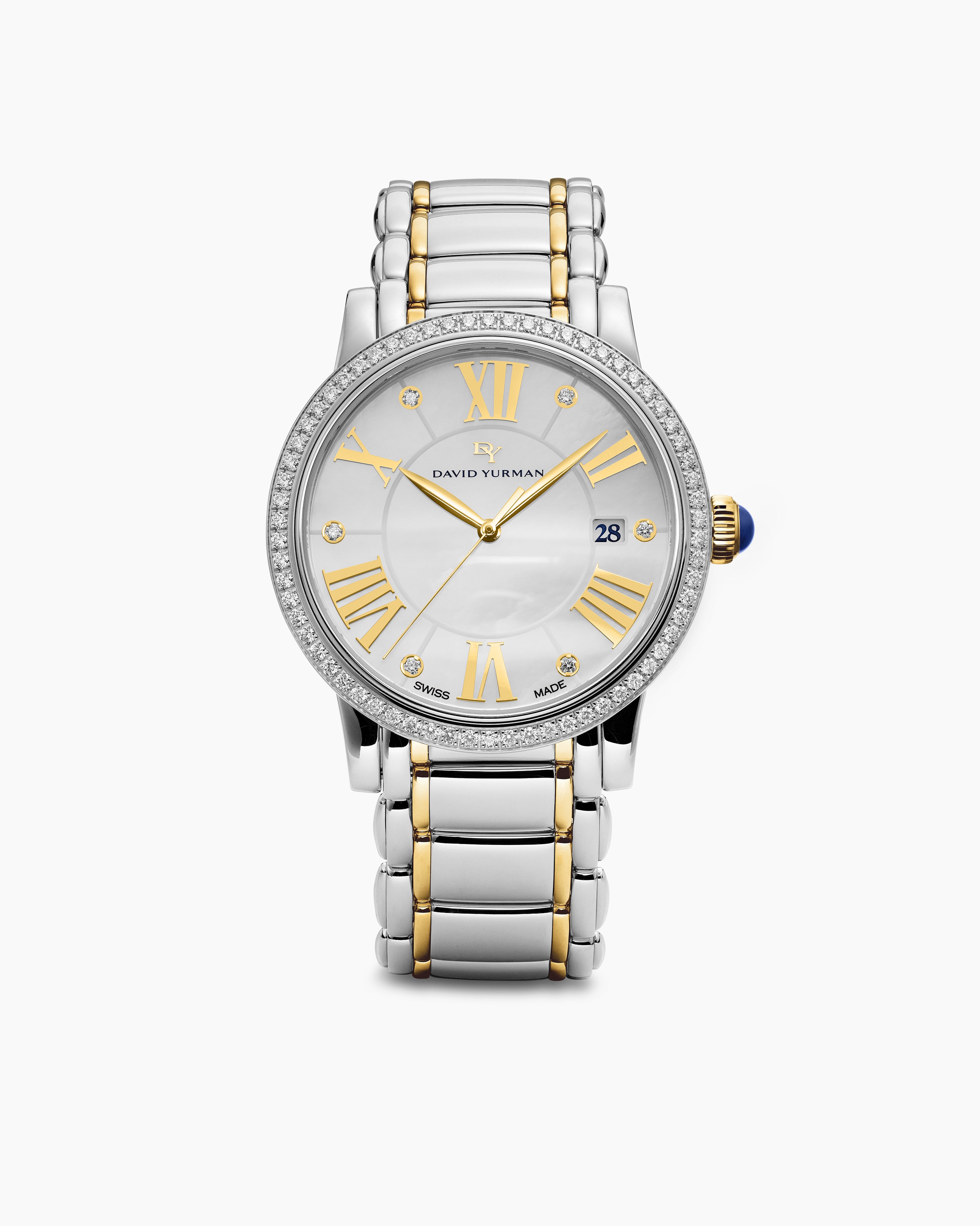 Womens Classic Quartz Watch in Stainless Steel with 18K Yellow Gold and Diamond Bezel, 38mm