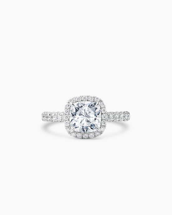 Bague de fiançailles avec pavé et halo DY Eden en platine, taille coussin