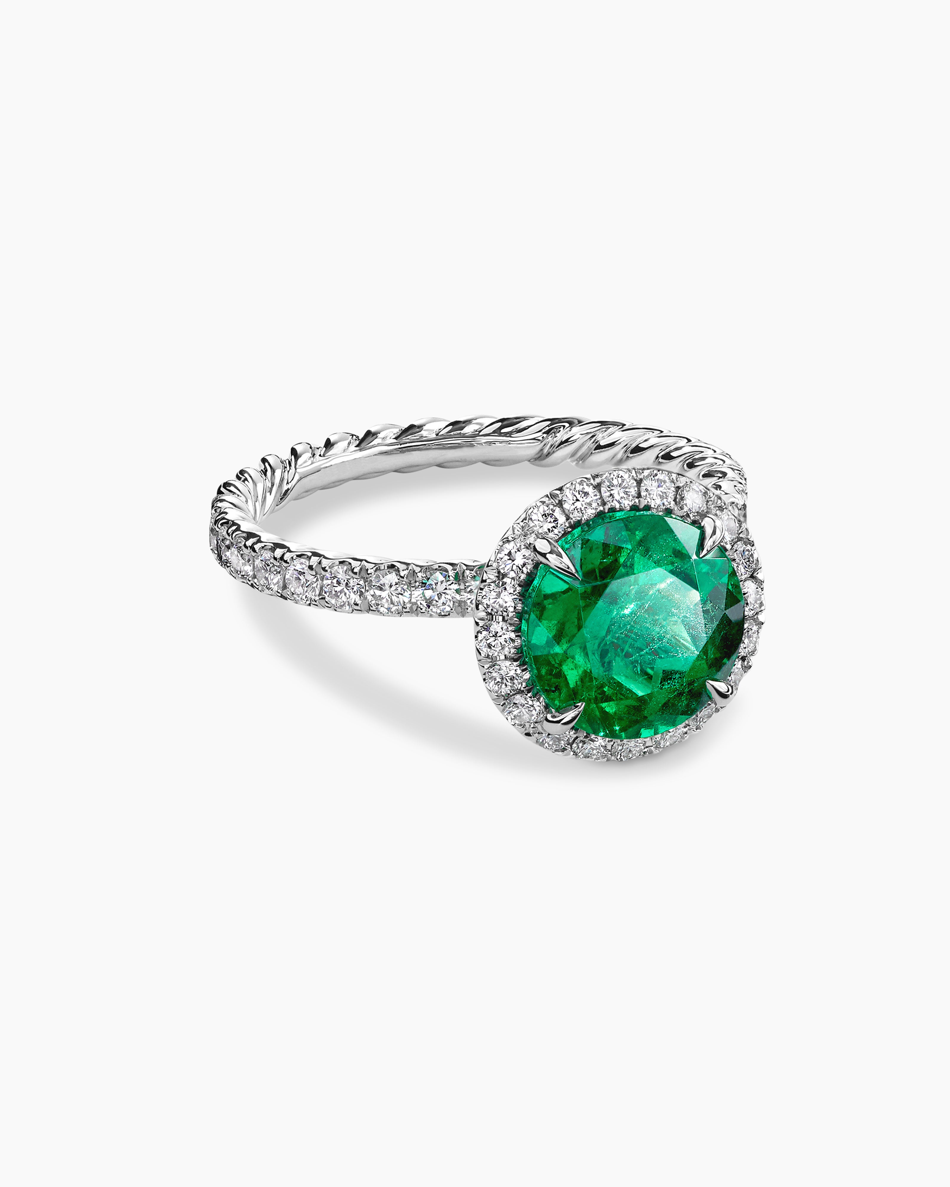 Bague de fian&ccedil;ailles DY Eden Pav&eacute; Halo en platine avec &eacute;meraude verte, ronde femme 