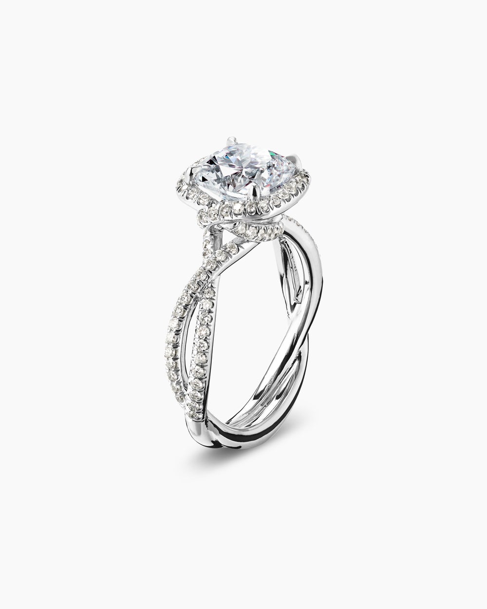 Bague de fiançailles DY Infinity avec halo de pavé entier en platine, taille coussin femme