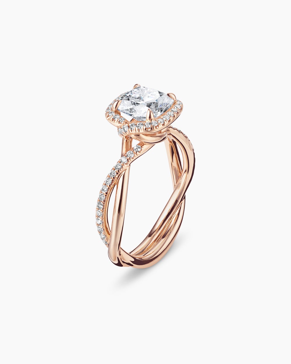 Bague de fiançailles DY Infinity en or rose 18 carats avec halo de pavé partiel, taille coussin femme