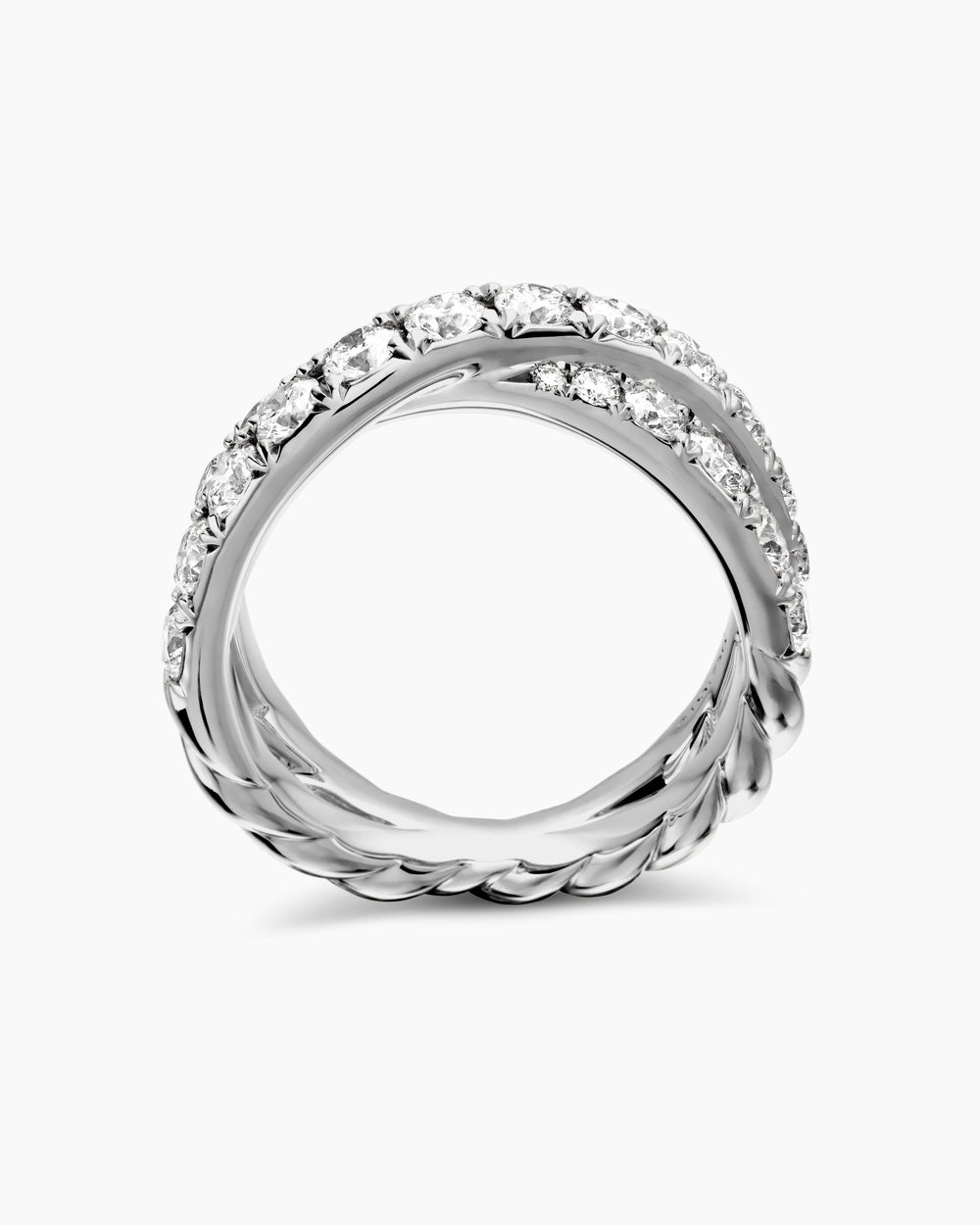 Womens DY Crossover Band Ring in Platinum with Diamonds, 8mm